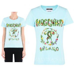 MOSCHINO T-SHIRT FLORAL DOUBLE QUESTION LOGO PRINT BLUE SHORT SLEEVE TOP sz 4
